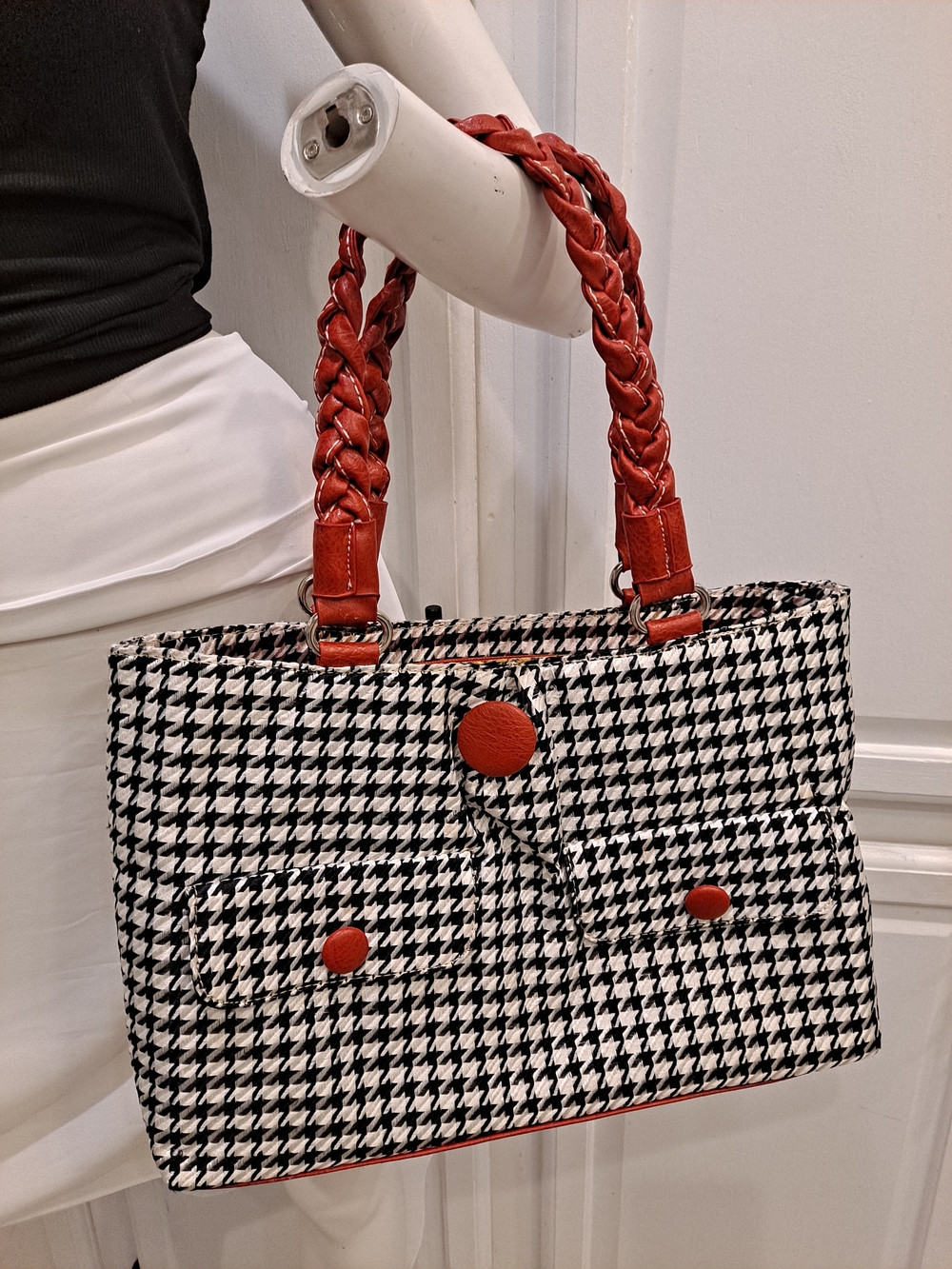 Houndstooth Black Gray White Tote with Red Braided Handles & Button Accents